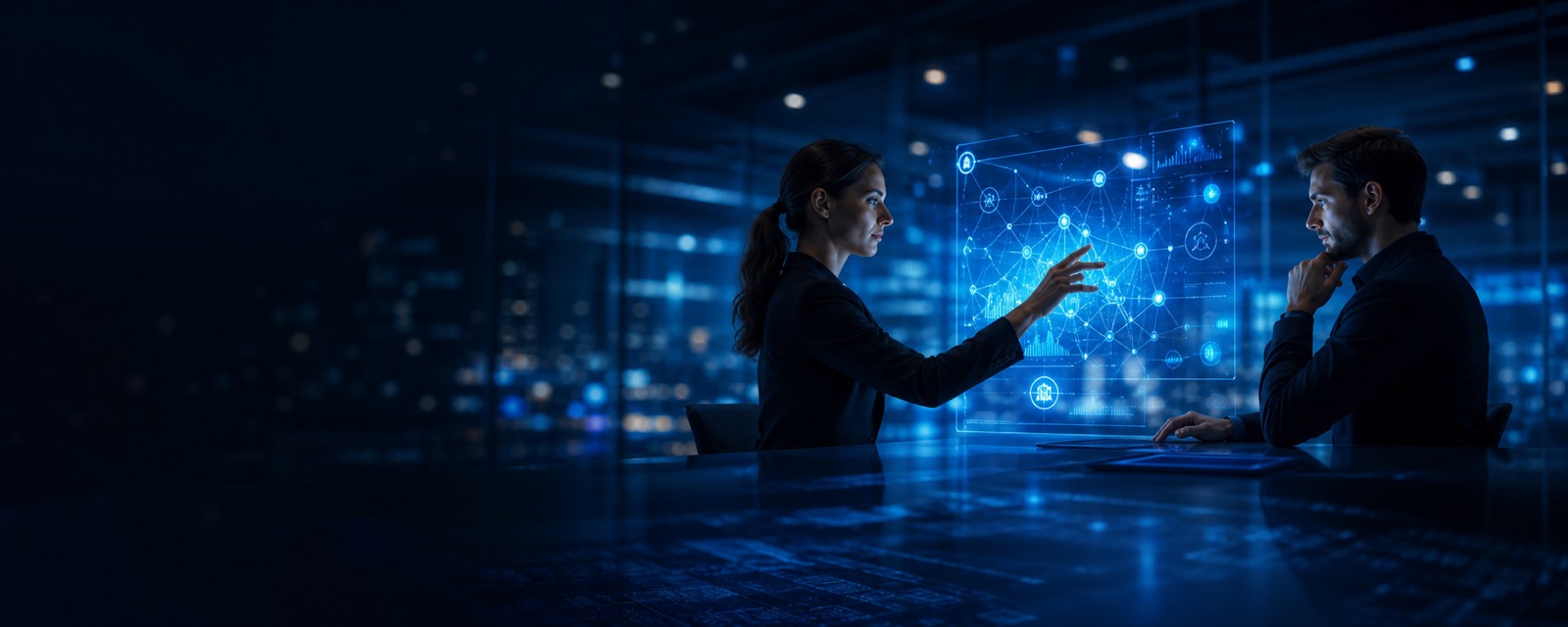 Profesionales colaborando con una interfaz de inteligencia artificial